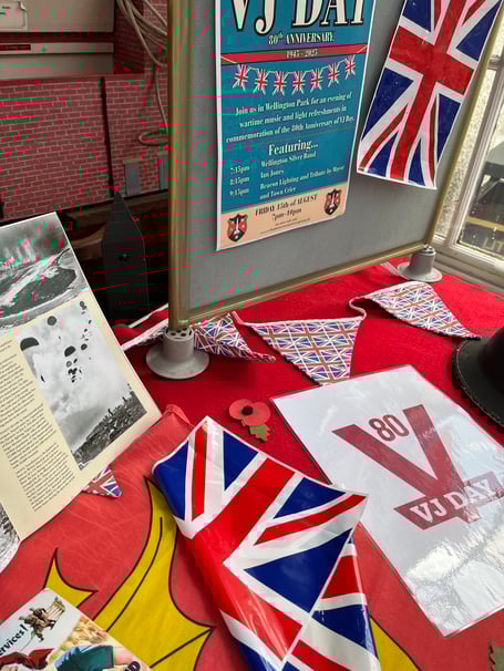 The VJ Day window the Wellington Museum on Fore Street